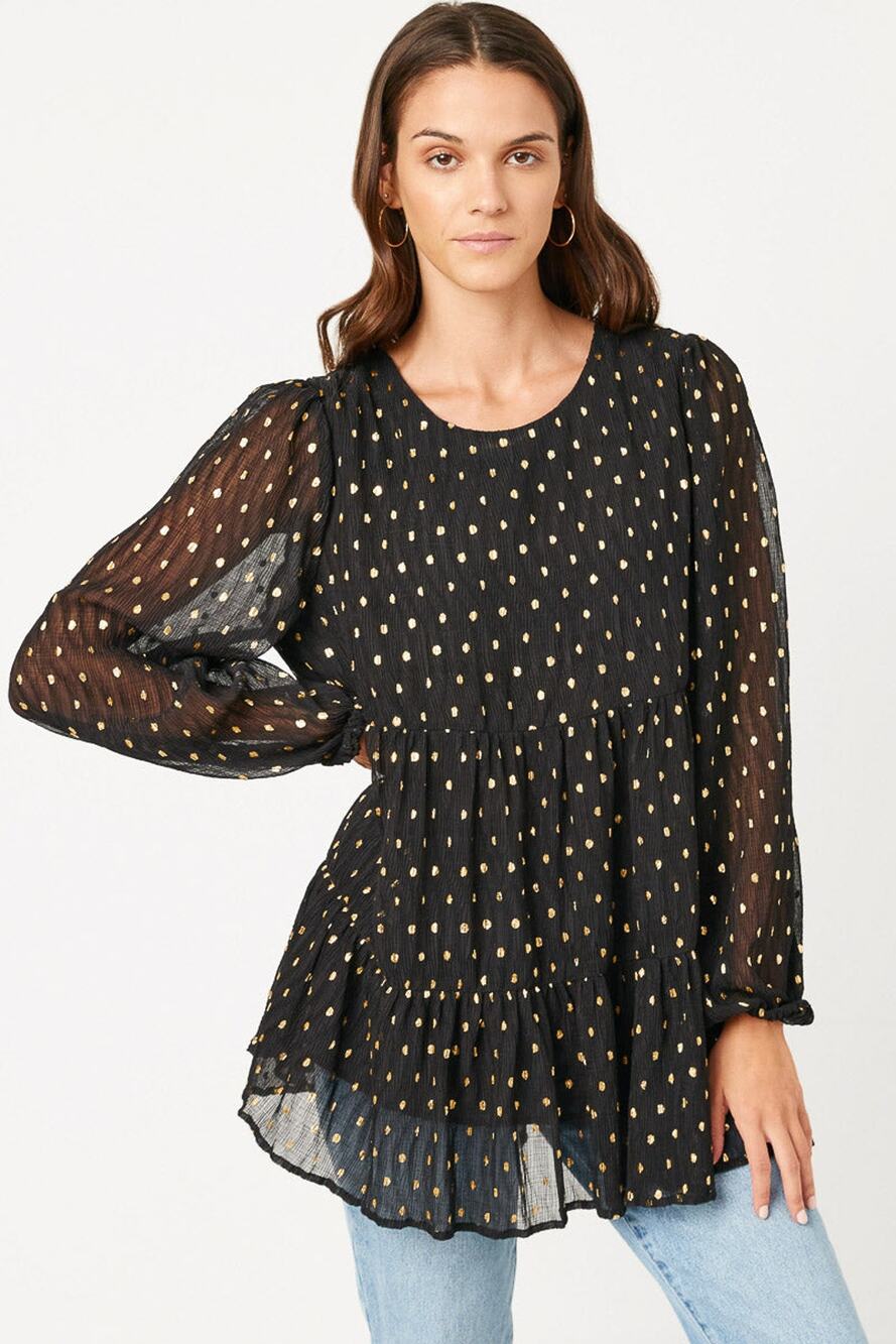 Goldie Misses Black Gold Metallic Dot Baby Tiered Tunic Top Small